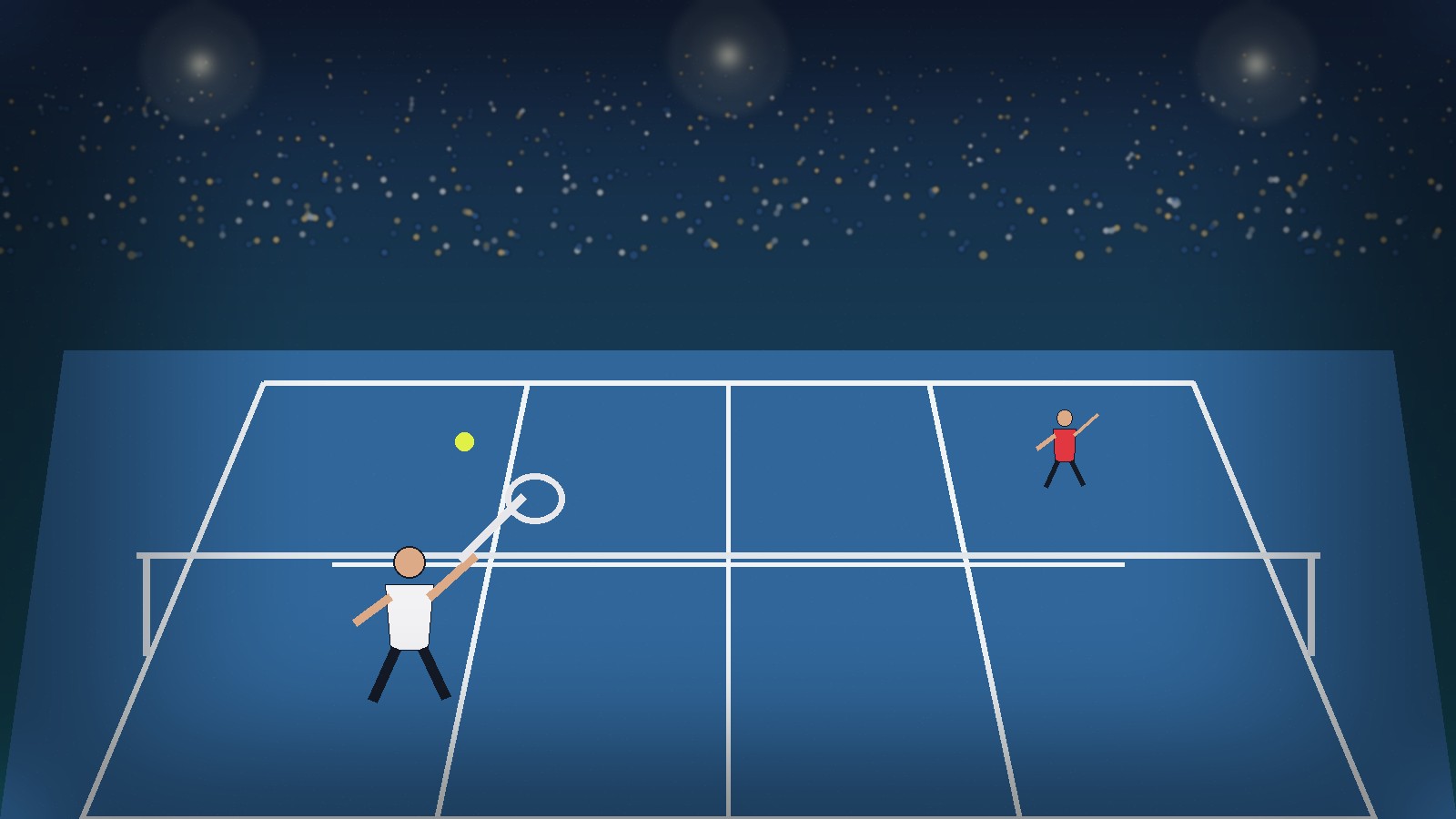 硬地网球比赛中球员发球与对手准备接发的比赛画面